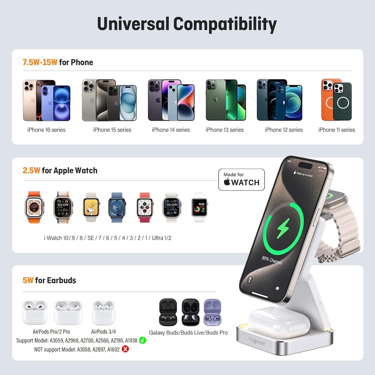 Augnner Foldable Wireless Charging Station with Night Light Induction Pad DEMO