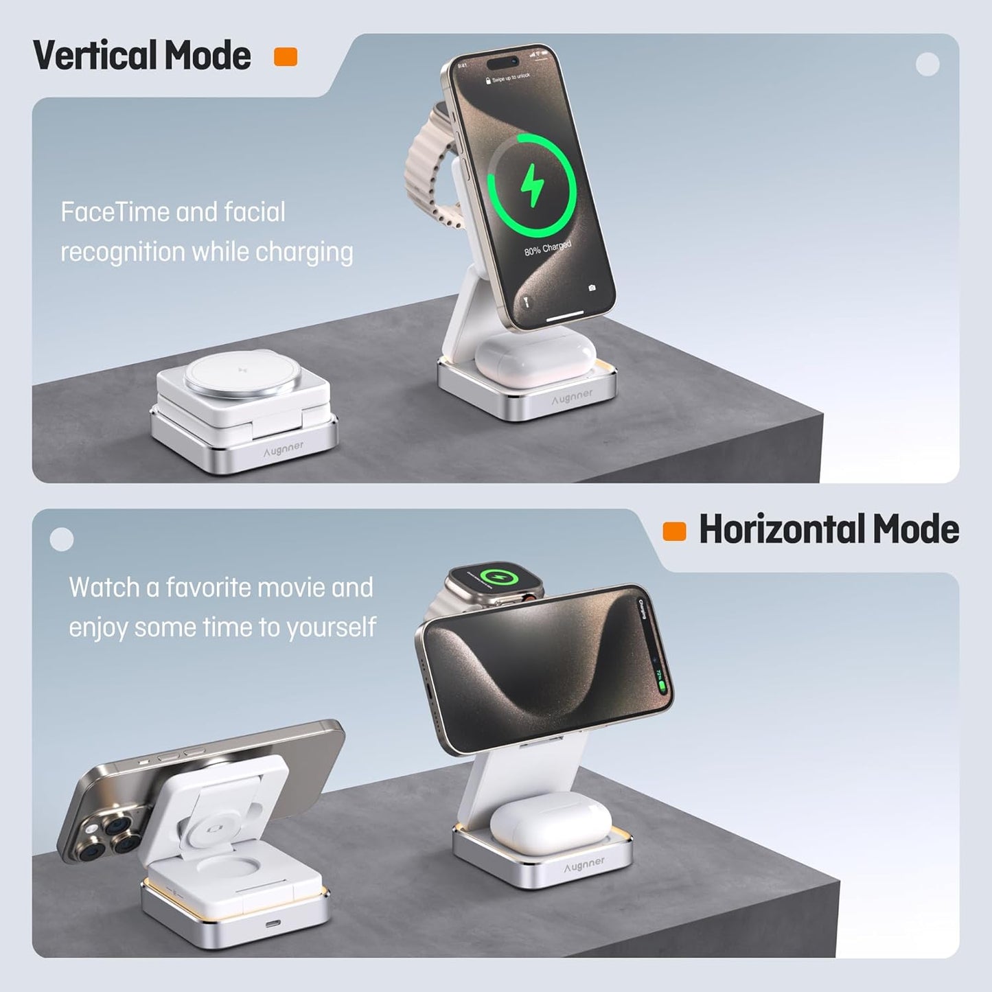 Augnner Foldable Wireless Charging Station with Night Light Induction Pad DEMO