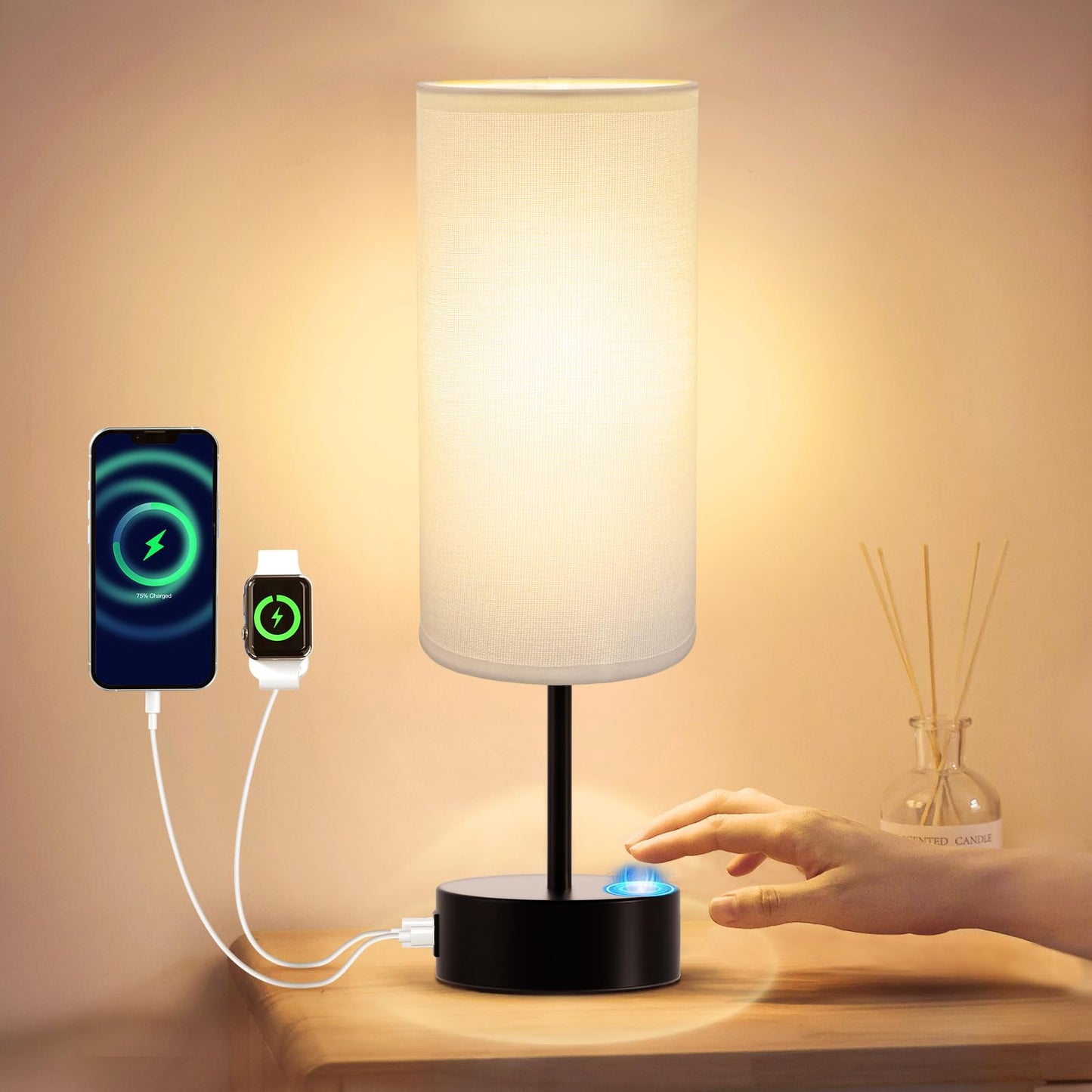 KPQ Touch Control Table Lamp with USB Charging Ports Dimmable Black Base DEMO