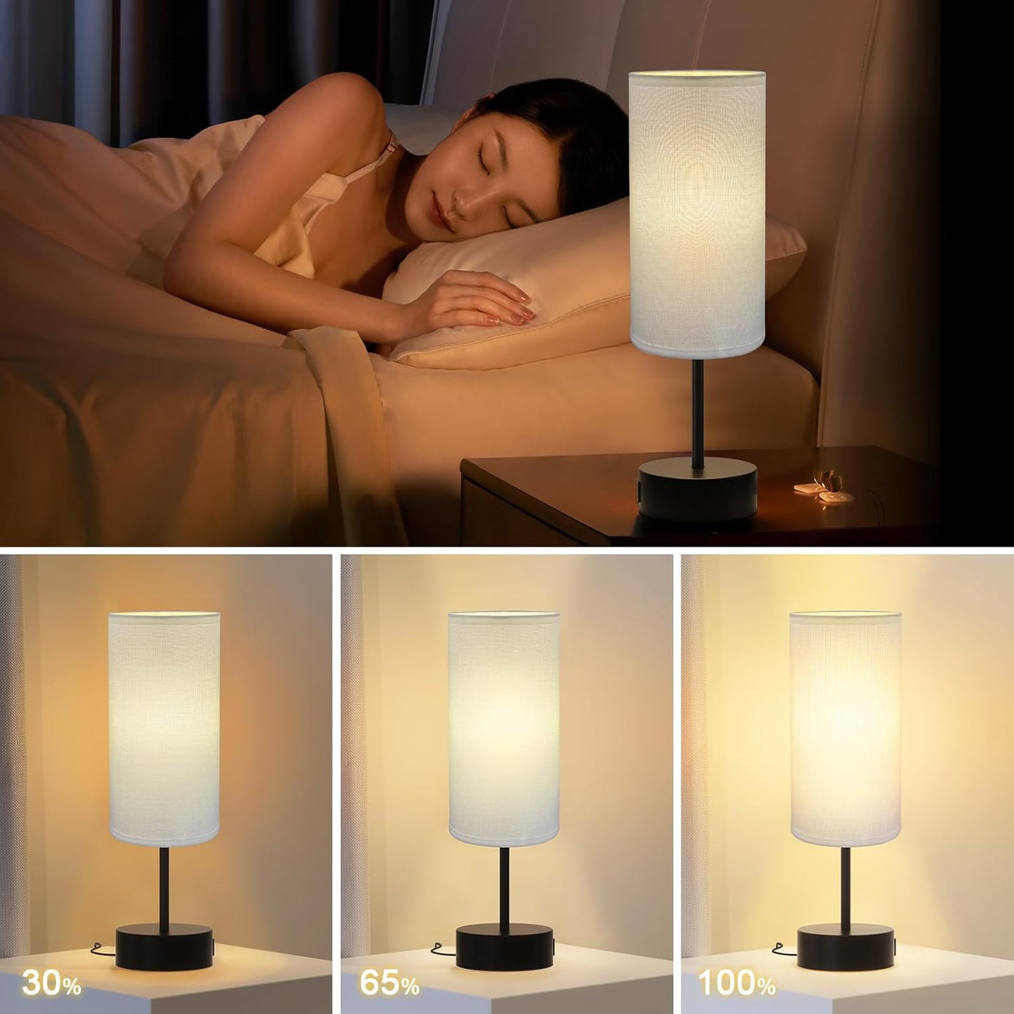 KPQ Touch Control Table Lamp with USB Charging Ports Dimmable Black Base DEMO