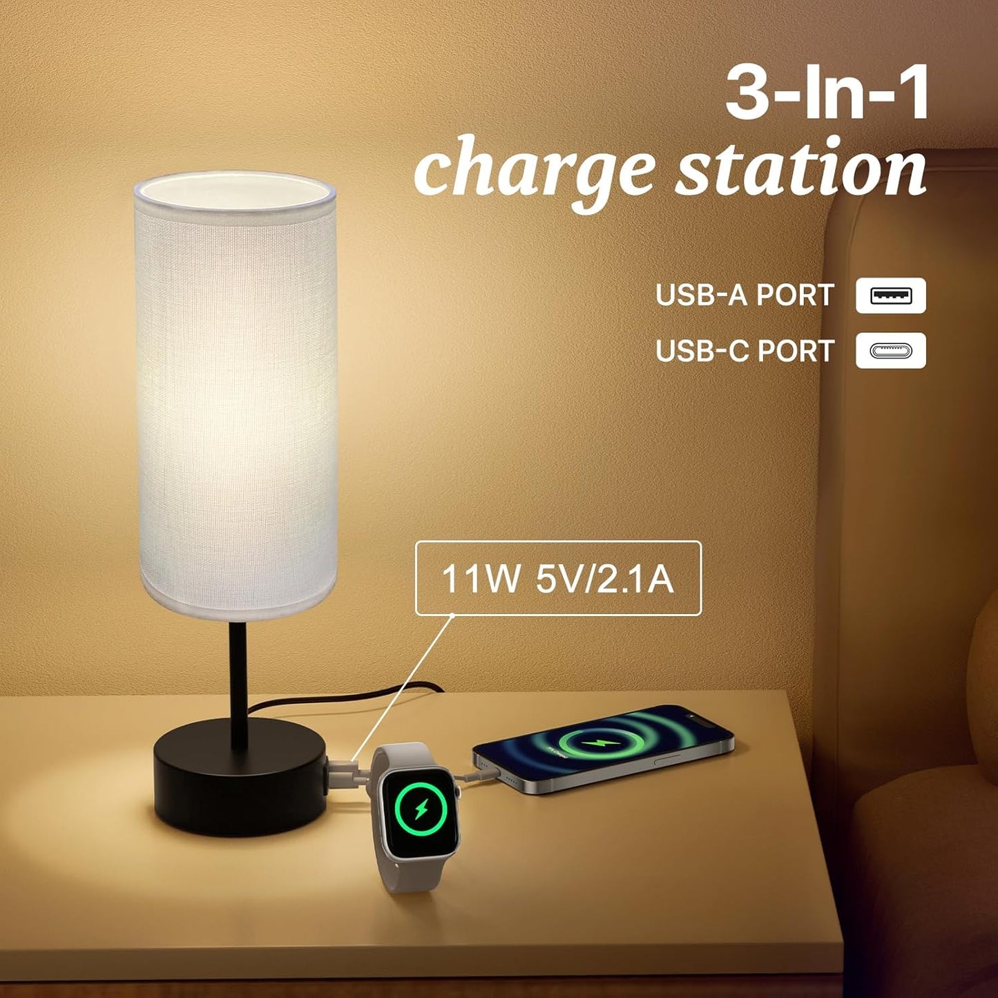 KPQ Touch Control Table Lamp with USB Charging Ports Dimmable Black Base DEMO