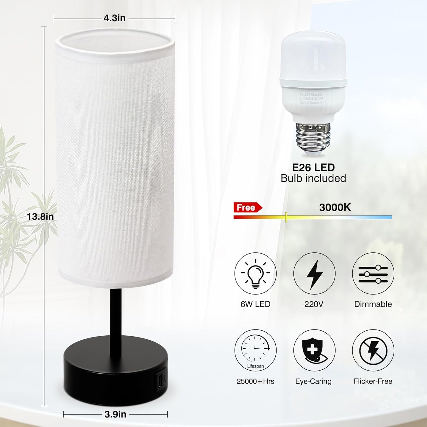 KPQ Touch Control Table Lamp with USB Charging Ports Dimmable Black Base DEMO