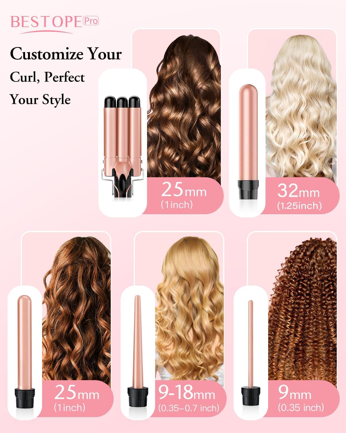 BESTOPE PRO Rose Gold Curling Wand Set with 3 Interchangeable Barrels for DEMO