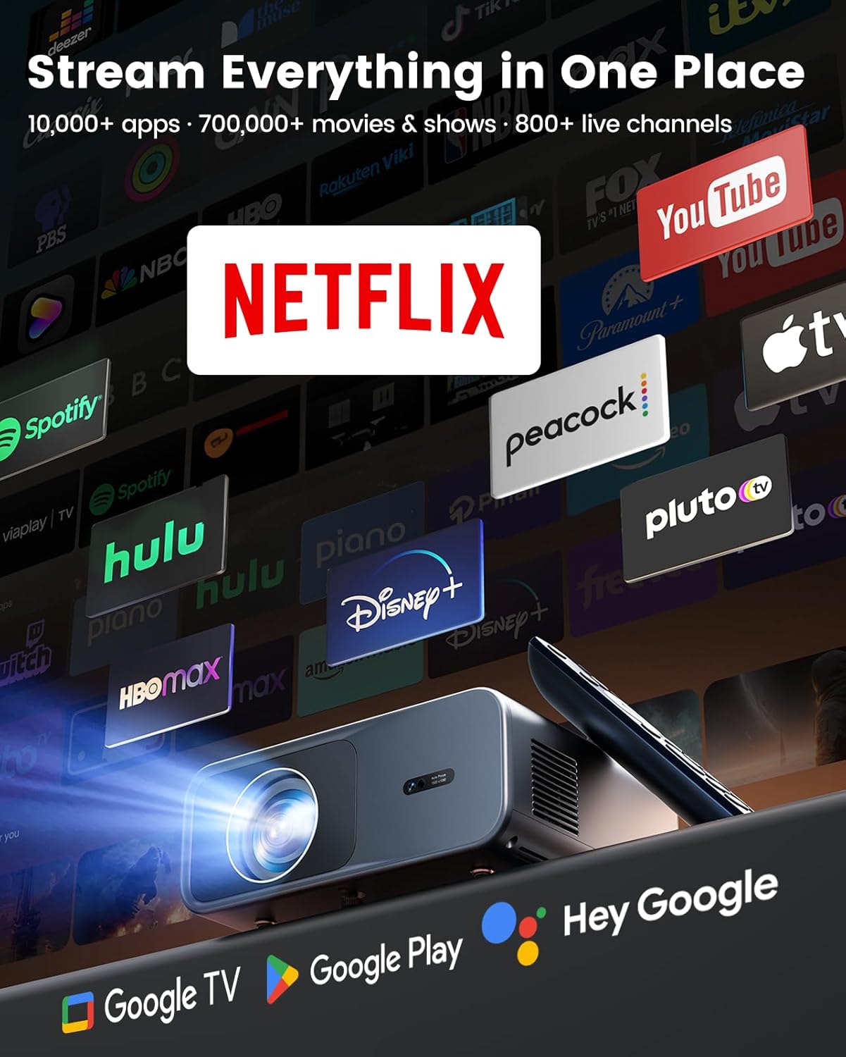 WiMiUS 4K Projectors Projector with Google TV, Netflix, Disney+, Dolby DEMO