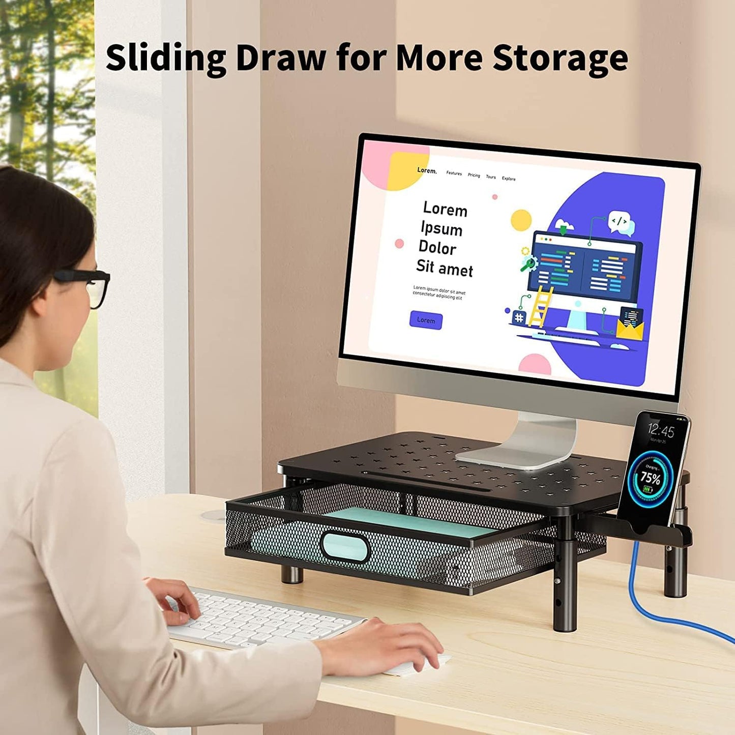 MOUNTUP 3-Level Height Adjustable Metal Monitor Stand Riser with Drawer NEW