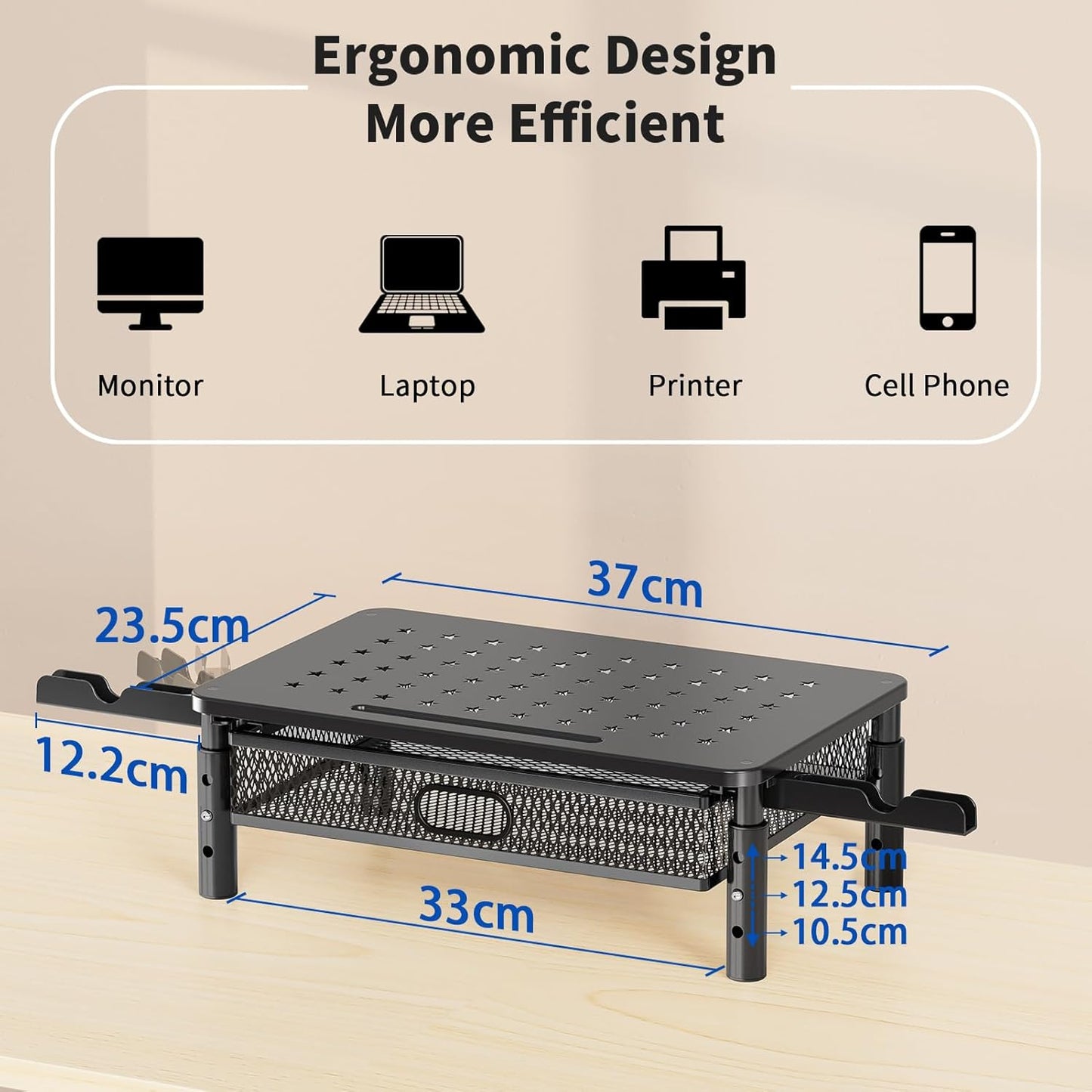 MOUNTUP 3-Level Height Adjustable Metal Monitor Stand Riser with Drawer NEW