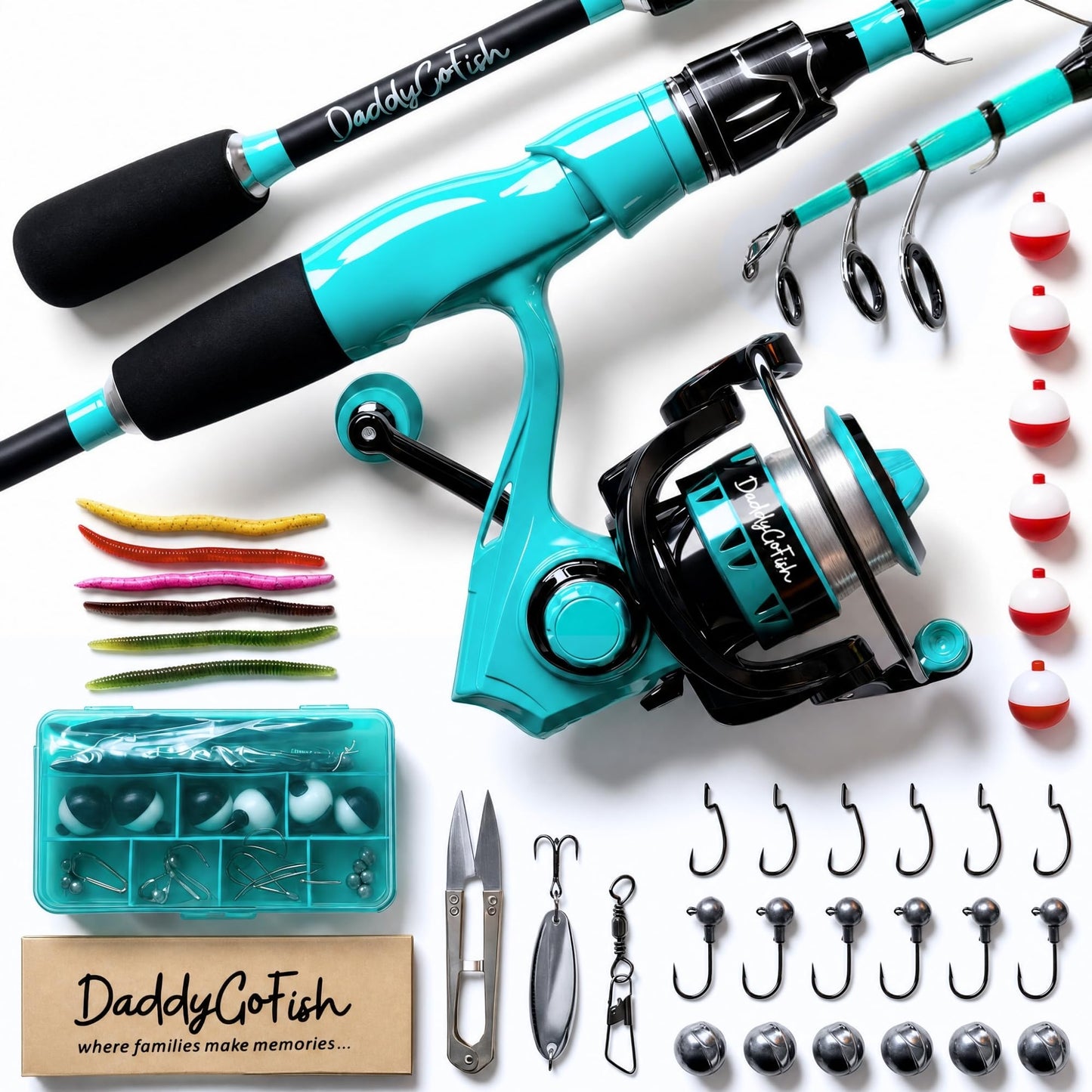 DaddyGoFish Mint Rod & Reel Combo Set with Tackle Box for Fishing DEMO