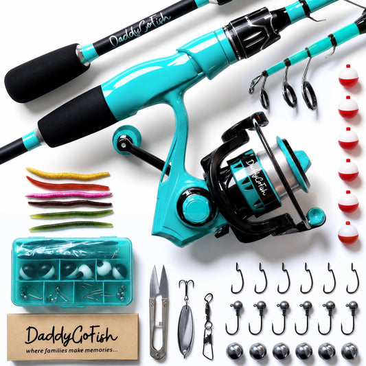 DaddyGoFish Mint Rod & Reel Combo Set with Tackle Box for Fishing DEMO
