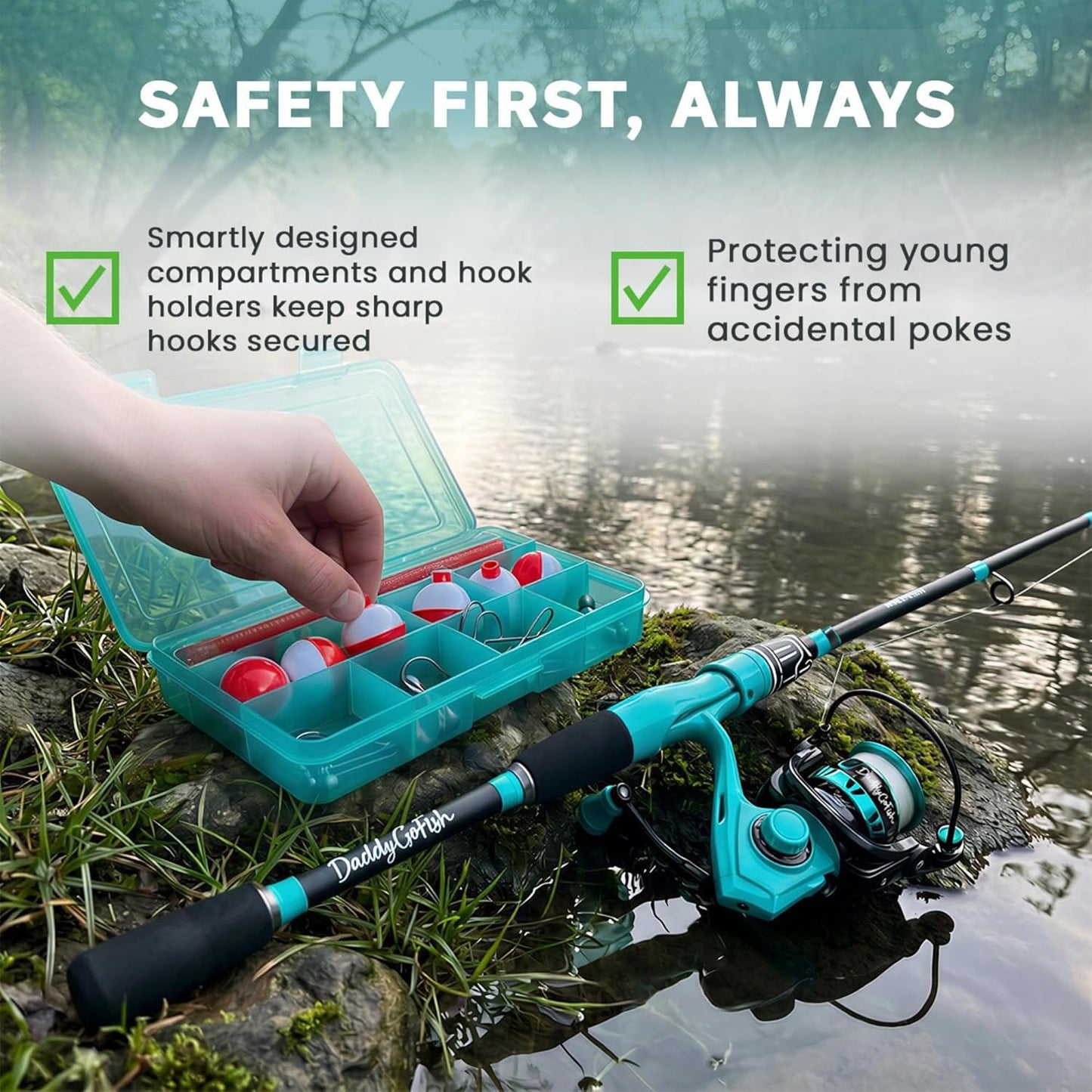 DaddyGoFish Mint Rod & Reel Combo Set with Tackle Box for Fishing DEMO