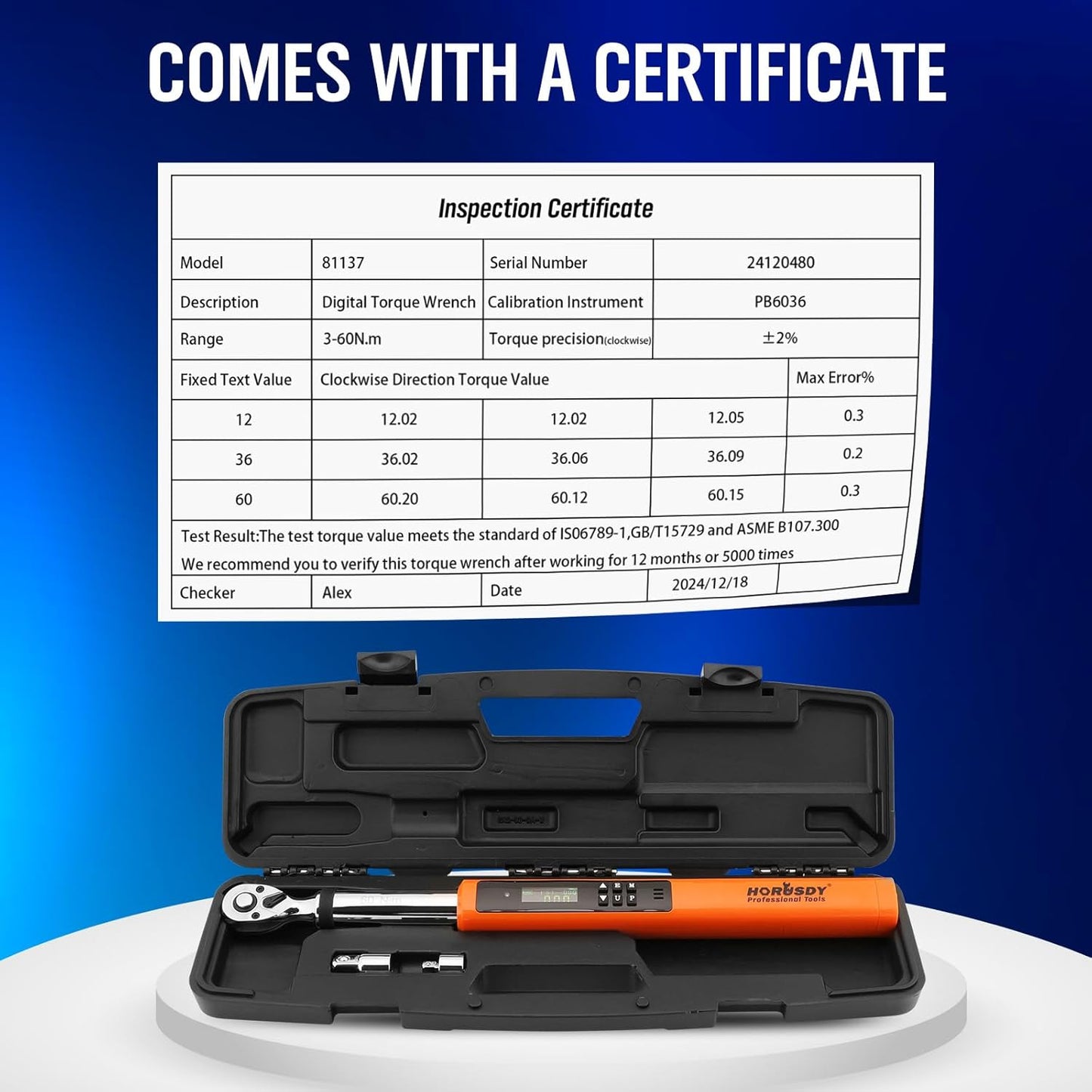 HORUSDY Digital Torque Wrench 4.4-44.3Ft.lb 3-60N.m 2% Accuracy Orange NEW