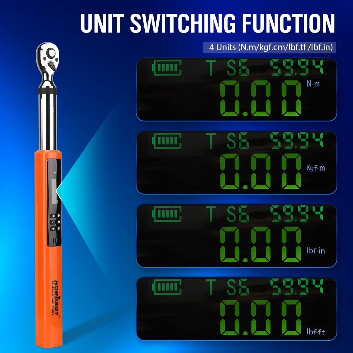 HORUSDY Digital Torque Wrench 4.4-44.3Ft.lb 3-60N.m 2% Accuracy Orange NEW