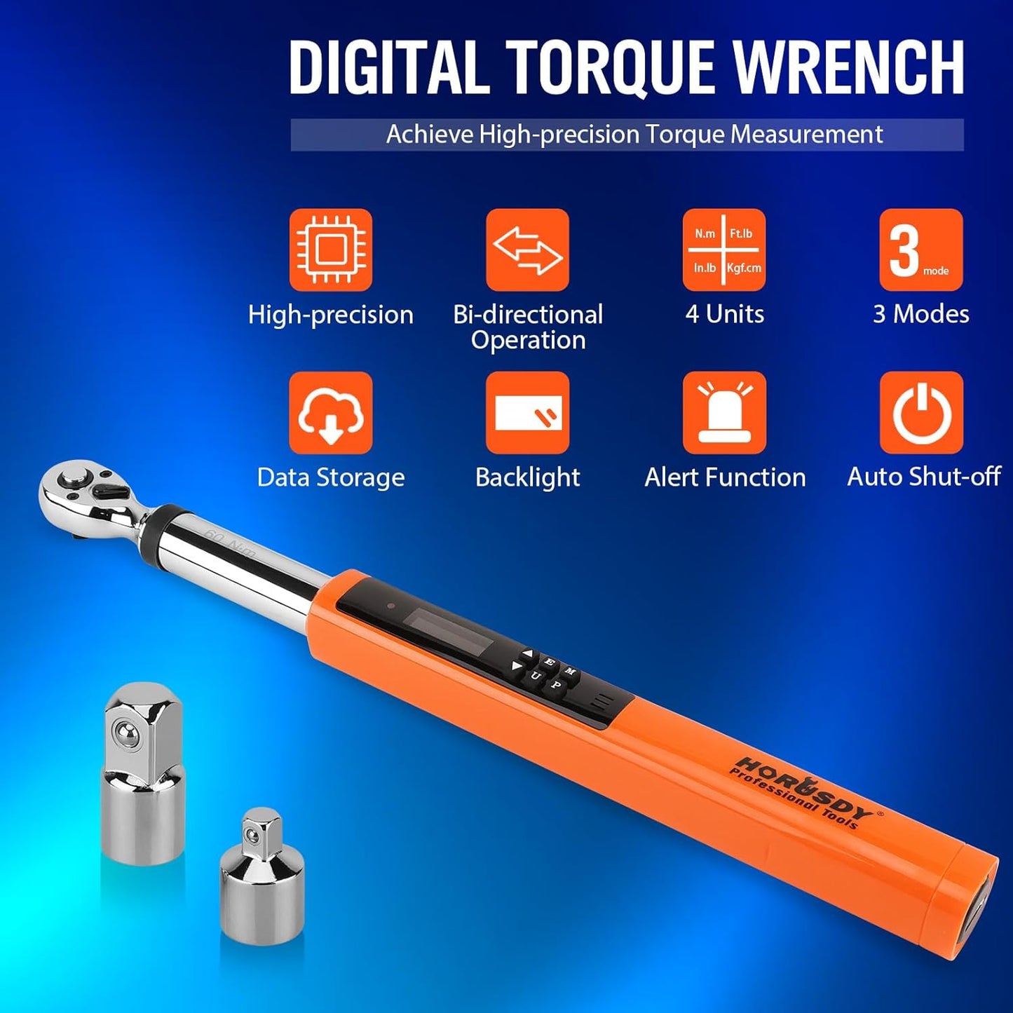 HORUSDY Digital Torque Wrench 4.4-44.3Ft.lb 3-60N.m 2% Accuracy Orange NEW