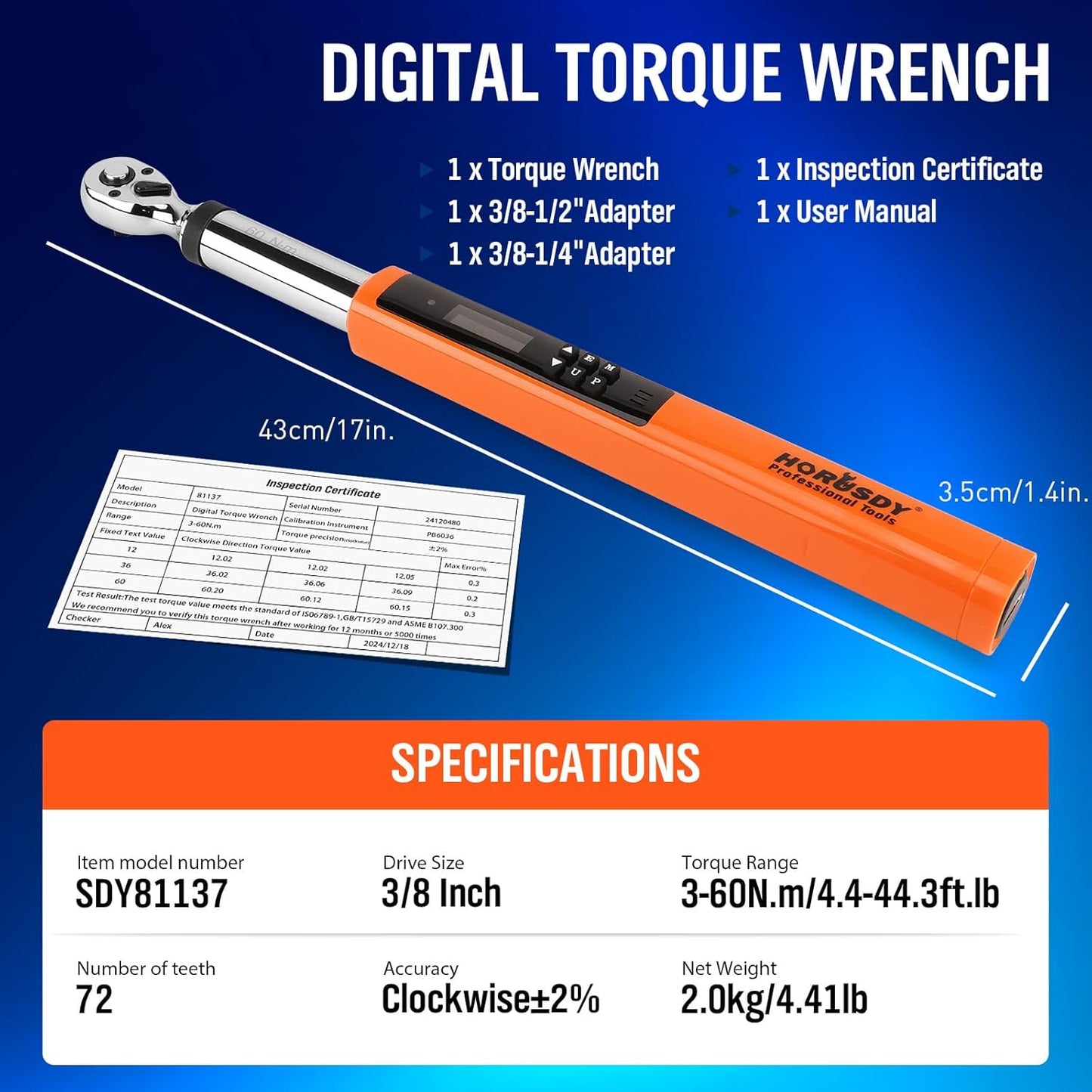 HORUSDY Digital Torque Wrench 4.4-44.3Ft.lb 3-60N.m 2% Accuracy Orange NEW