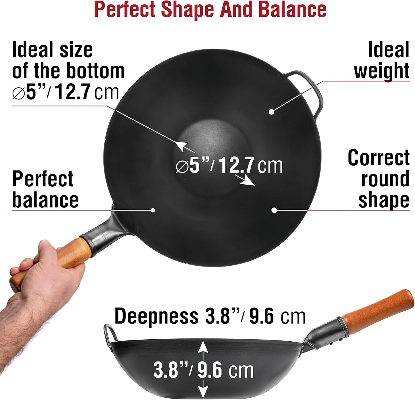 YOSUKATA 34cm Woks Carbon Steel Wok Pan, Pre-Seasoned Flat Bottom for Stir DEMO