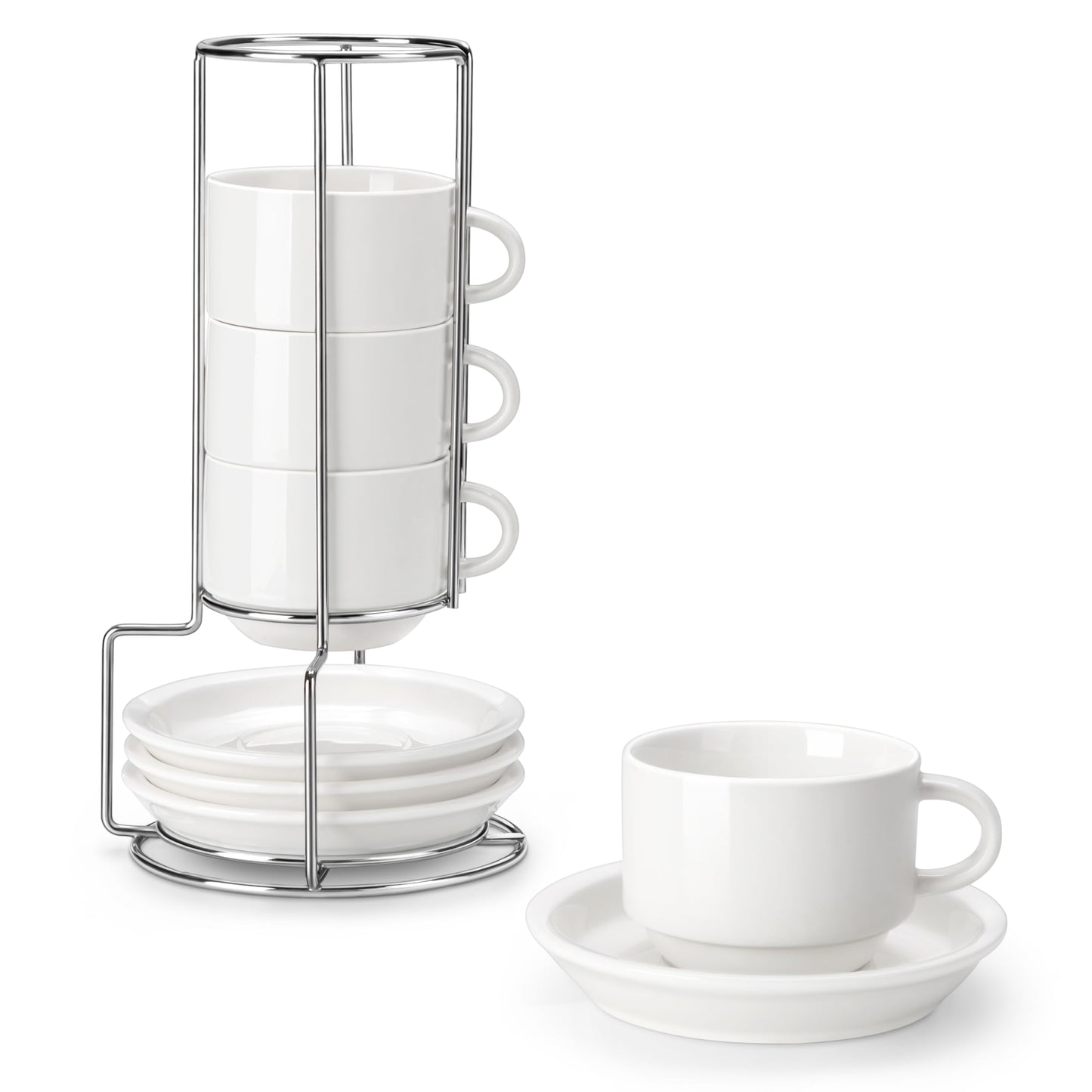MALACASA 8oz Porcelain Espresso Cups with Saucers and Metal Stand Set of 4 DEMO