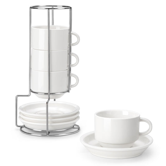 MALACASA 8oz Porcelain Espresso Cups with Saucers and Metal Stand Set of 4 DEMO