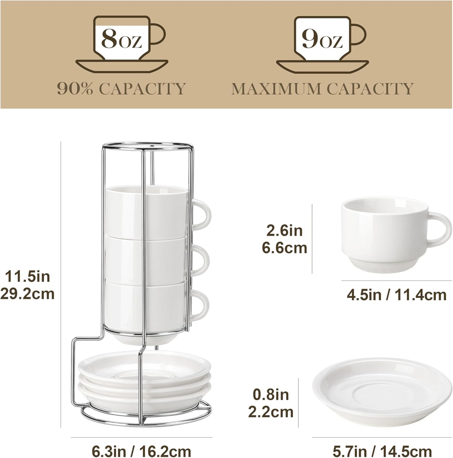 MALACASA 8oz Porcelain Espresso Cups with Saucers and Metal Stand Set of 4 DEMO
