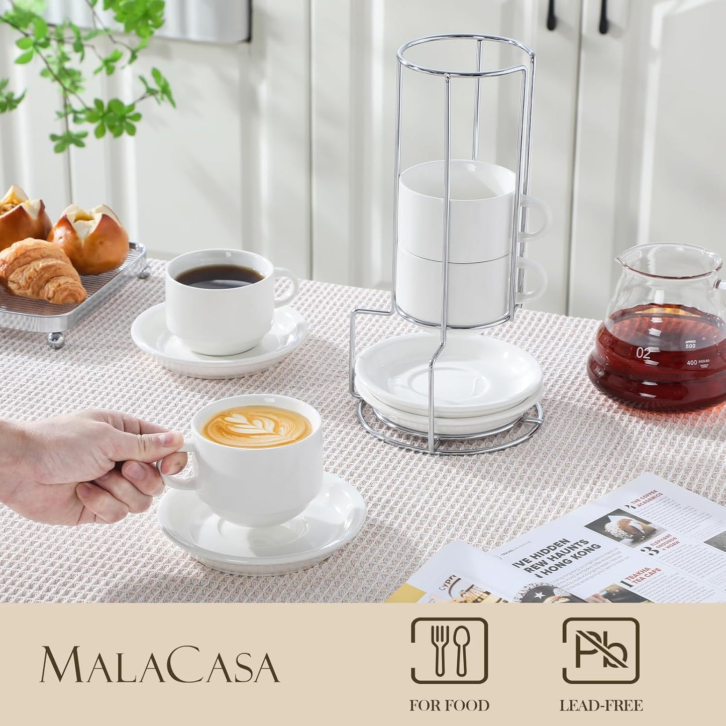 MALACASA 8oz Porcelain Espresso Cups with Saucers and Metal Stand Set of 4 DEMO