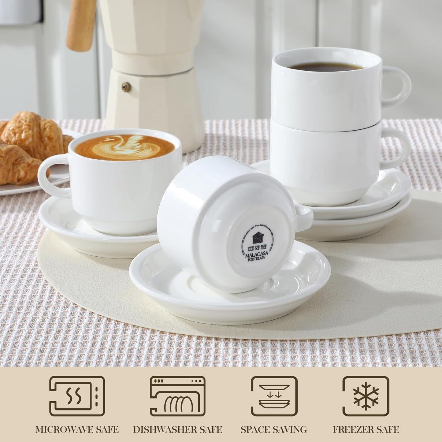 MALACASA 8oz Porcelain Espresso Cups with Saucers and Metal Stand Set of 4 DEMO