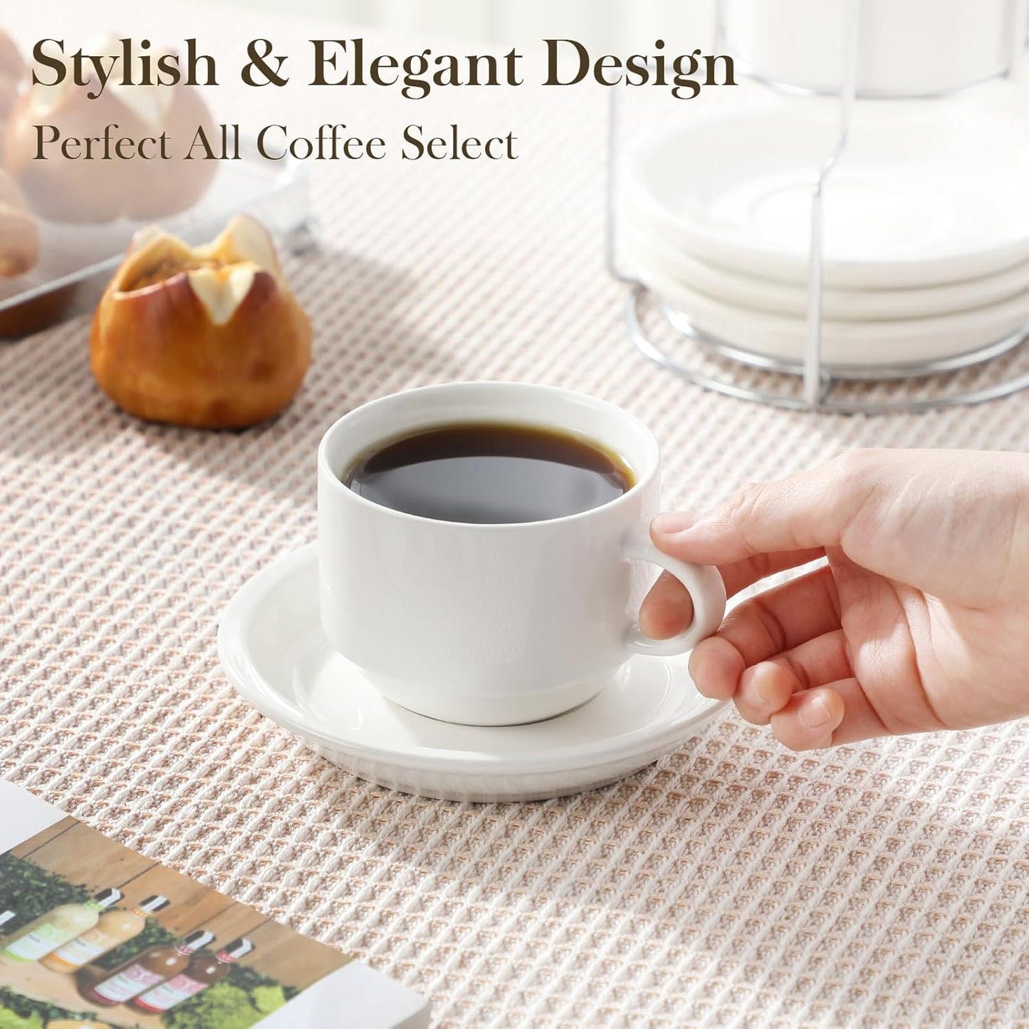 MALACASA 8oz Porcelain Espresso Cups with Saucers and Metal Stand Set of 4 DEMO