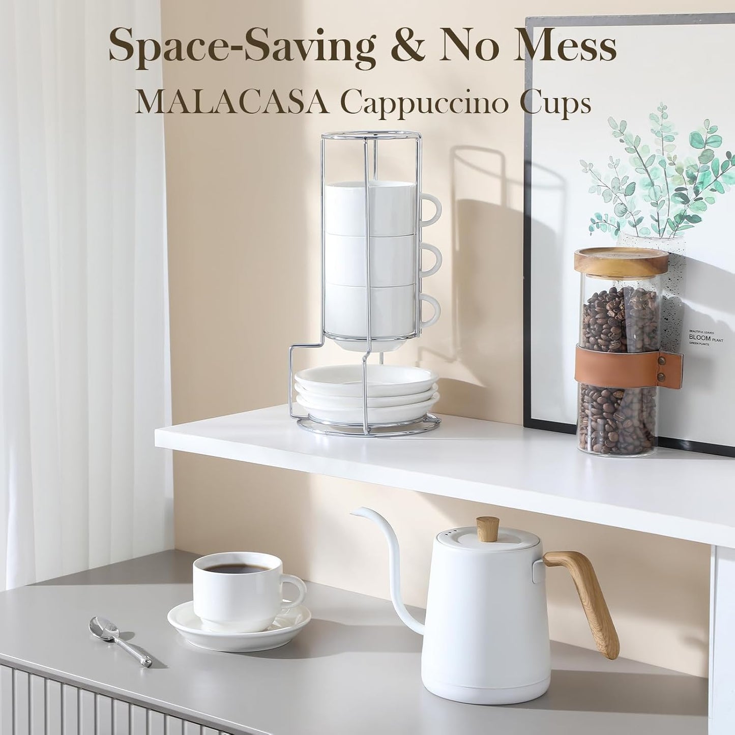 MALACASA 8oz Porcelain Espresso Cups with Saucers and Metal Stand Set of 4 DEMO