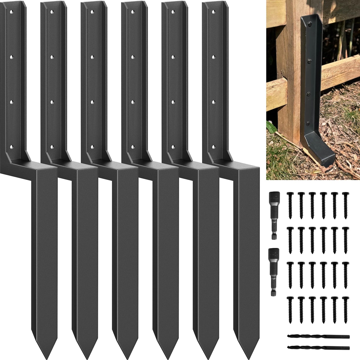 akingkong Fence Post Repair Kit for Leaning 4x6 Wood Posts 6 Pack Black NEW