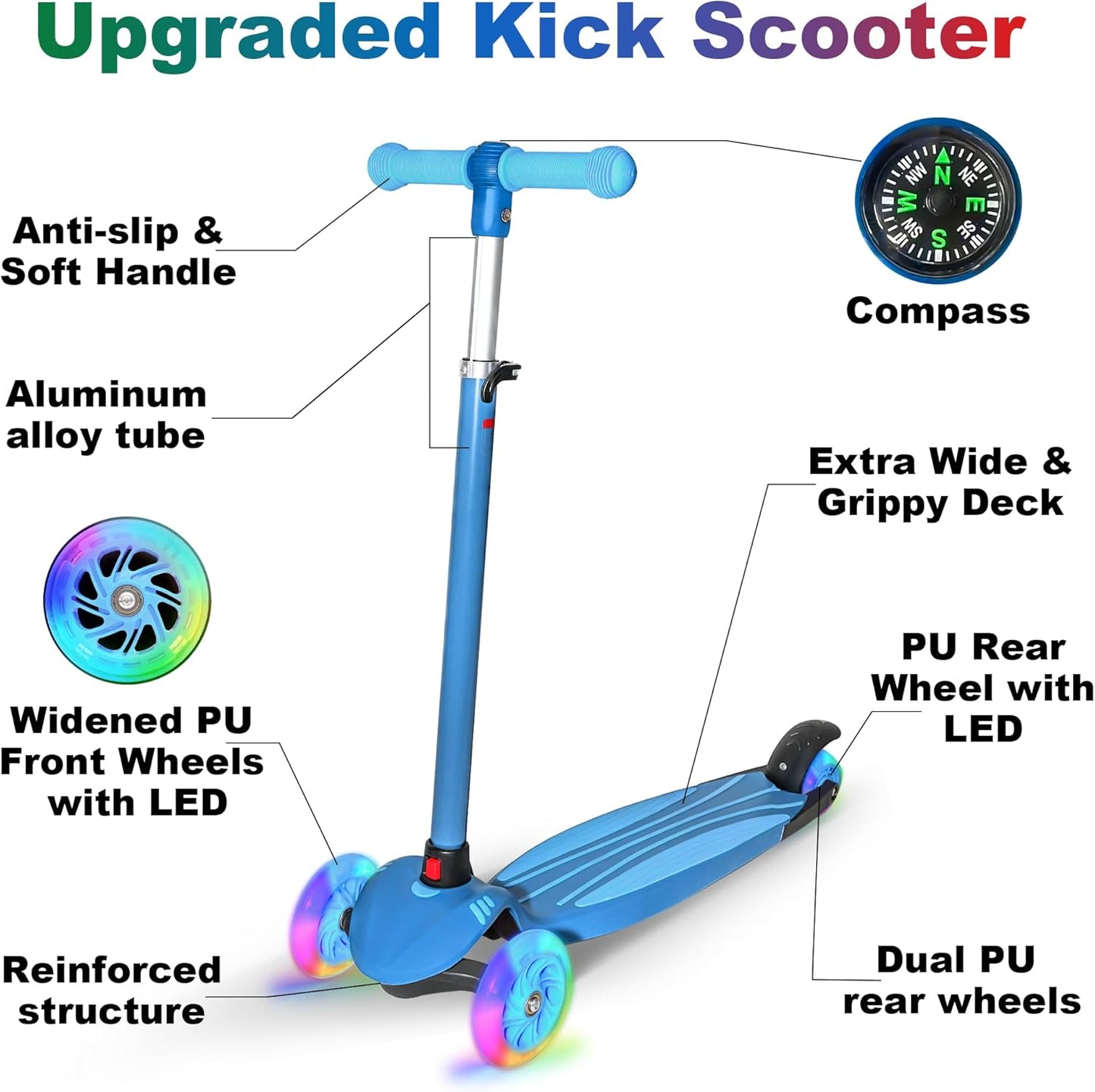 YULUOO 3 Scooters Wheel Light Up Scooter for Kids with LED Wheels, Blue DEMO