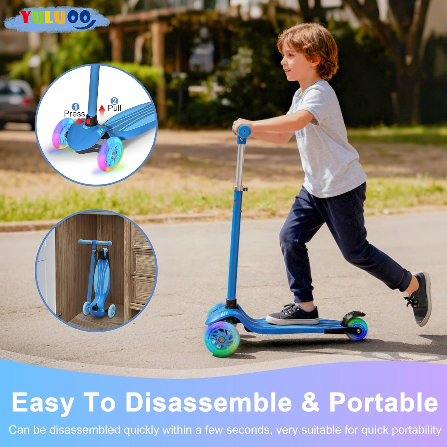 YULUOO 3 Scooters Wheel Light Up Scooter for Kids with LED Wheels, Blue DEMO