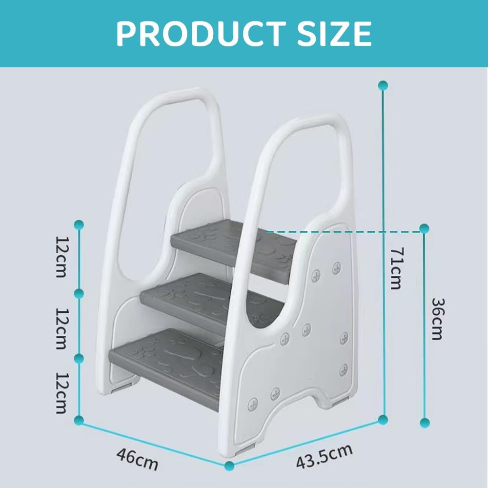 KirbyBear Adjustable 2-3 Step Kids Ladder Stool with Safety Handles Grey DEMO
