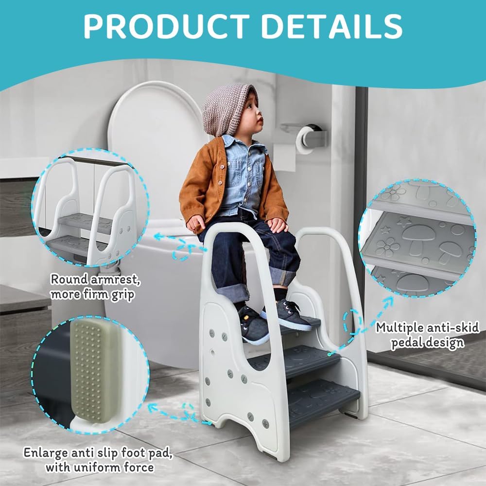 KirbyBear Adjustable 2-3 Step Kids Ladder Stool with Safety Handles Grey DEMO