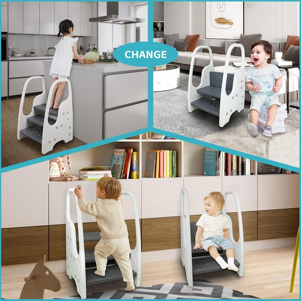 KirbyBear Adjustable 2-3 Step Kids Ladder Stool with Safety Handles Grey DEMO