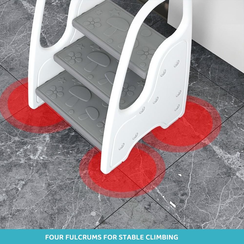 KirbyBear Adjustable 2-3 Step Kids Ladder Stool with Safety Handles Grey DEMO