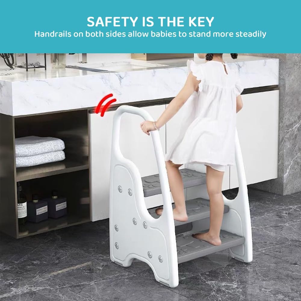 KirbyBear Adjustable 2-3 Step Kids Ladder Stool with Safety Handles Grey DEMO