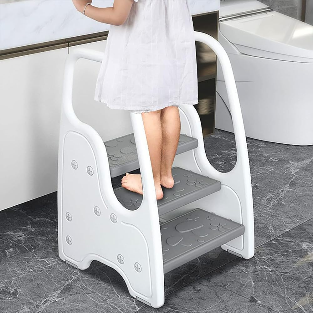 KirbyBear Adjustable 2-3 Step Kids Ladder Stool with Safety Handles Grey DEMO