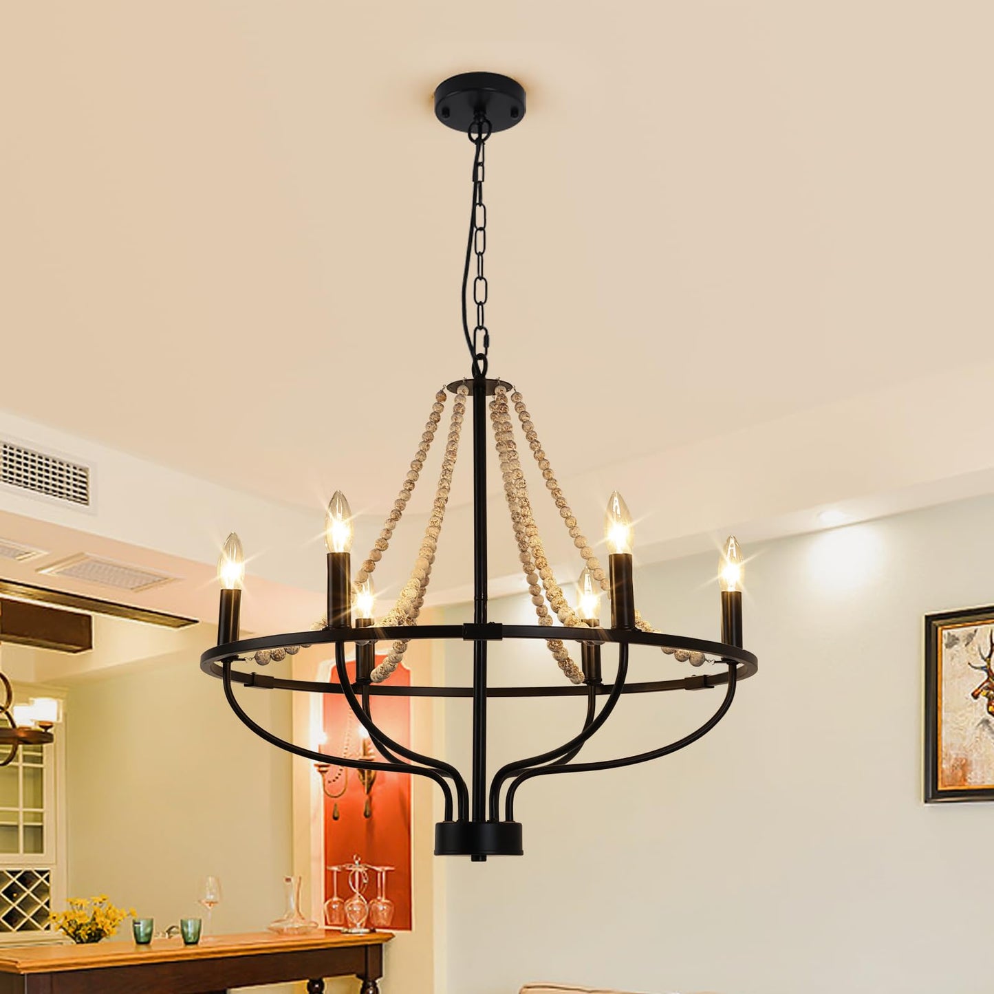 Jaycomey 6-Light Chandeliers Farmhouse Chandelier Black Wood Pendant Light DEMO