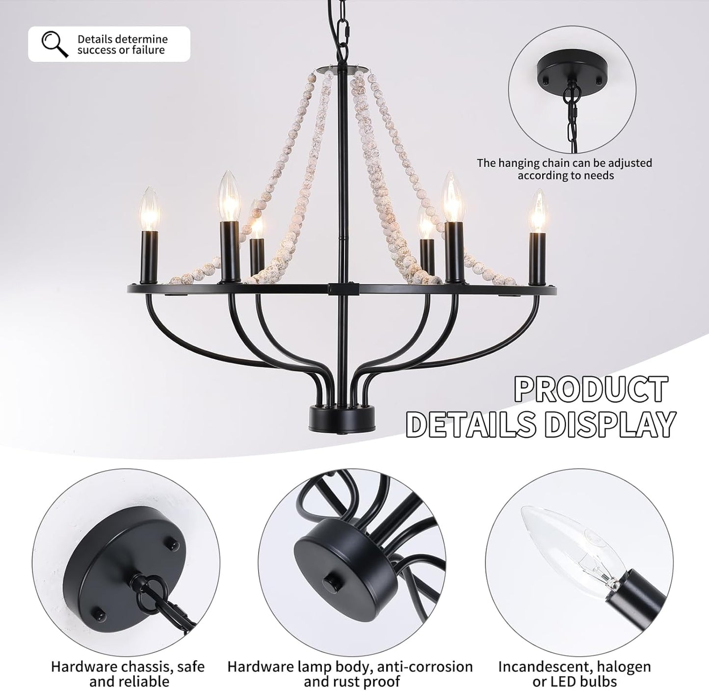 Jaycomey 6-Light Chandeliers Farmhouse Chandelier Black Wood Pendant Light DEMO