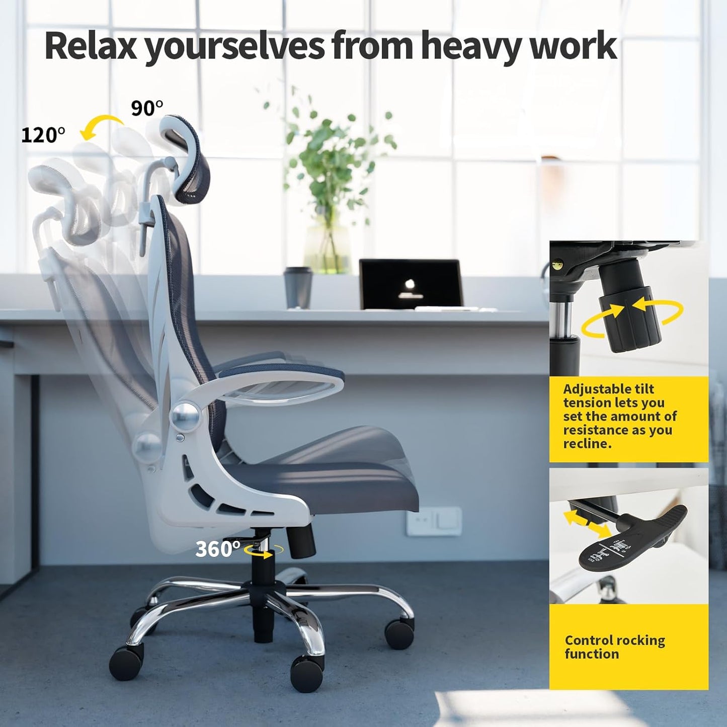 HOLLUDLE Ergonomic Desk Chair with Foldable Backrest White Size Breedte: DEMO