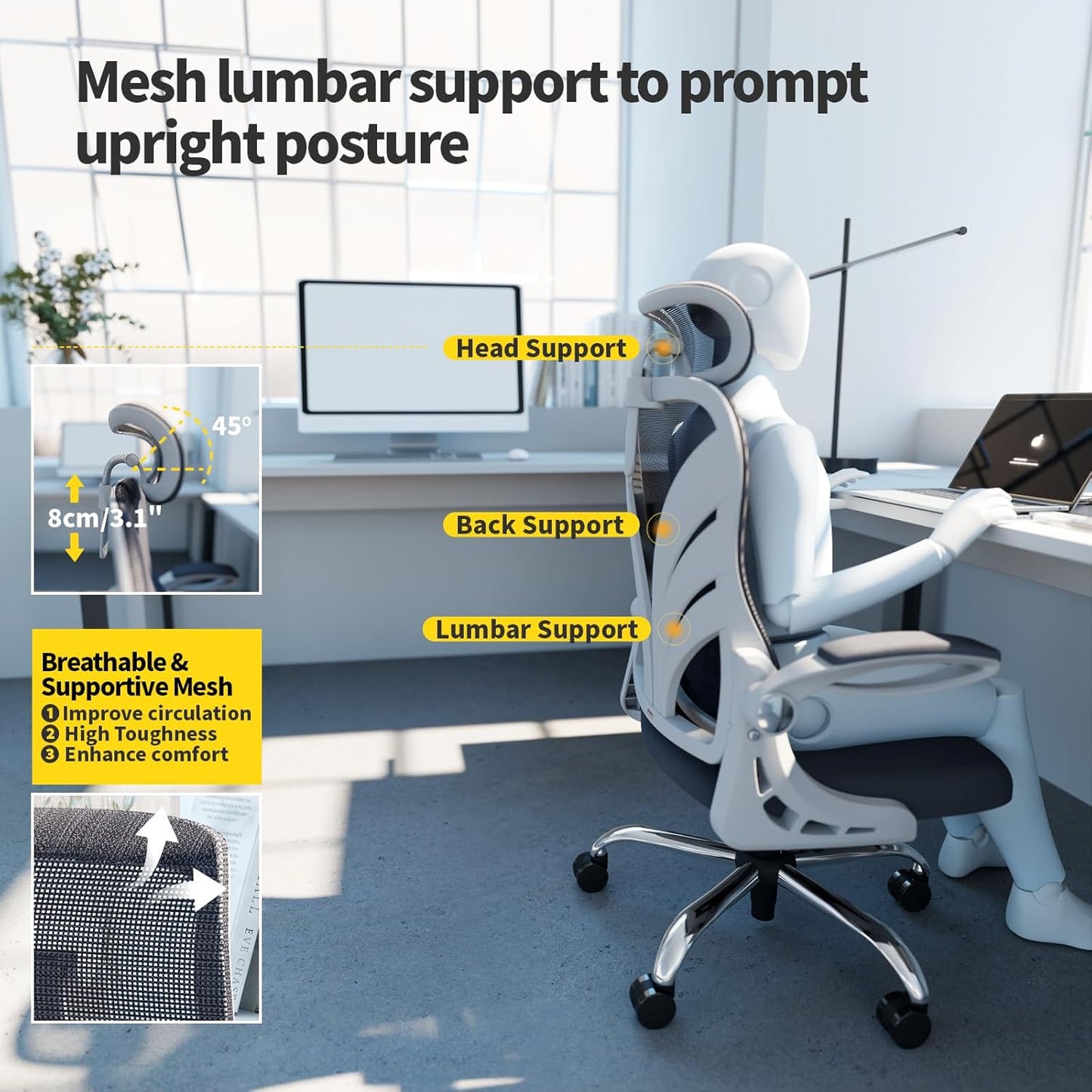 HOLLUDLE Ergonomic Desk Chair with Foldable Backrest White Size Breedte: DEMO