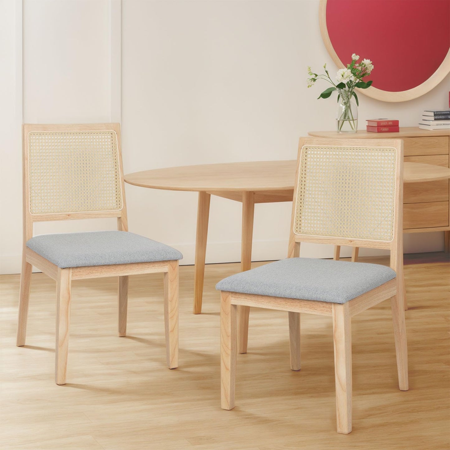 Levede Farmhouse Rattan Dining Chairs Set of 2 Natural Wood Size 49cm x DEMO