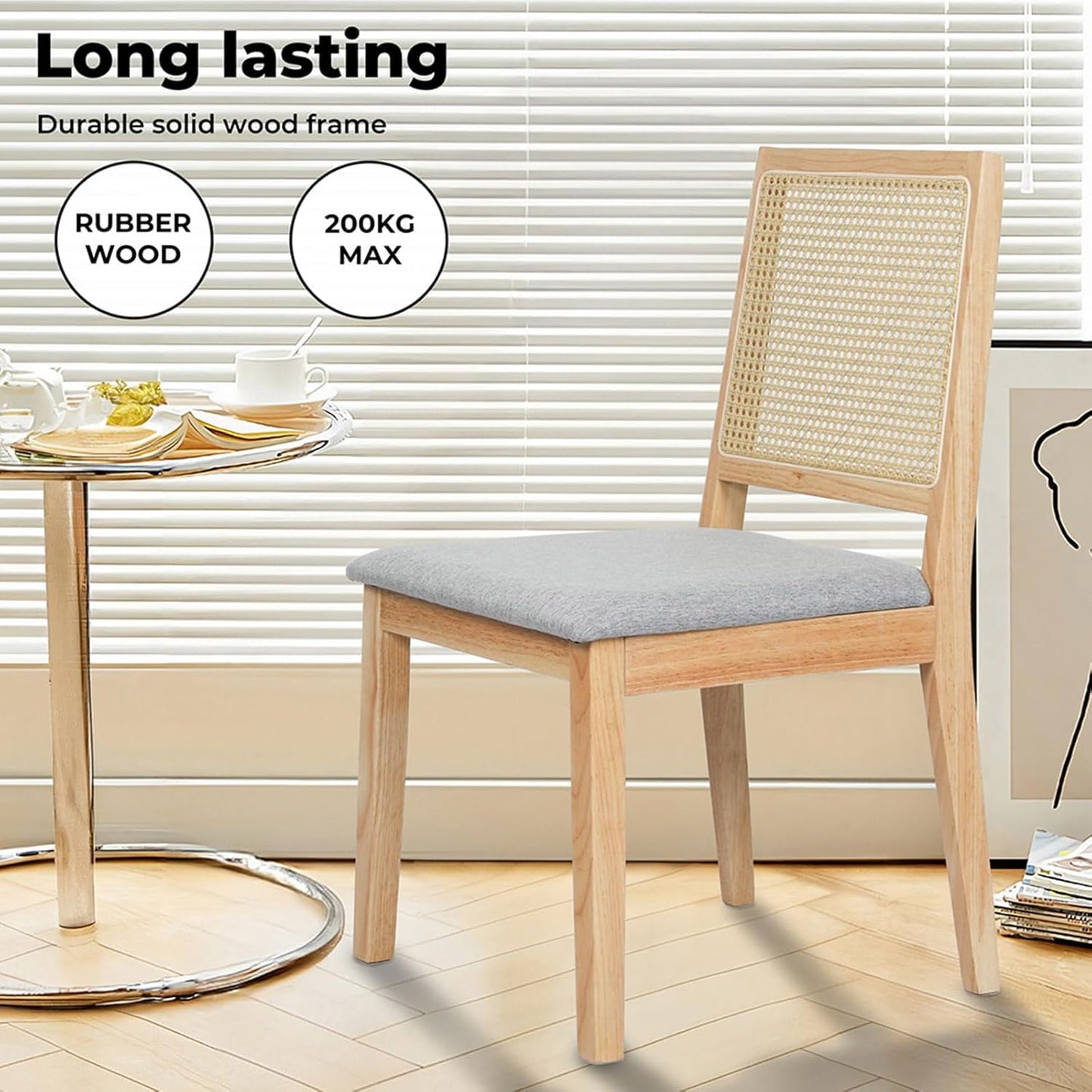 Levede Farmhouse Rattan Dining Chairs Set of 2 Natural Wood Size 49cm x DEMO