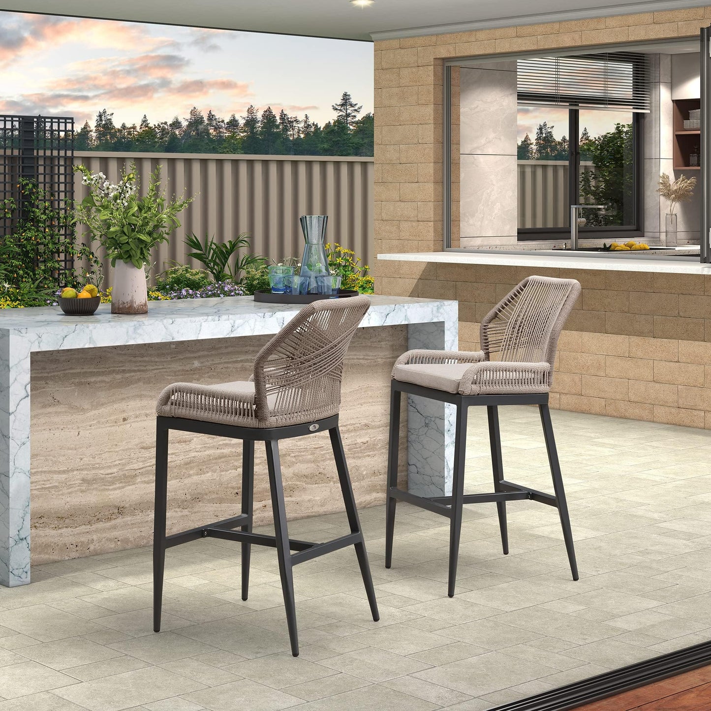 Rattan Barstools Set of 2 Outdoor Chairs with Backrest Dark Grey Classic NEW