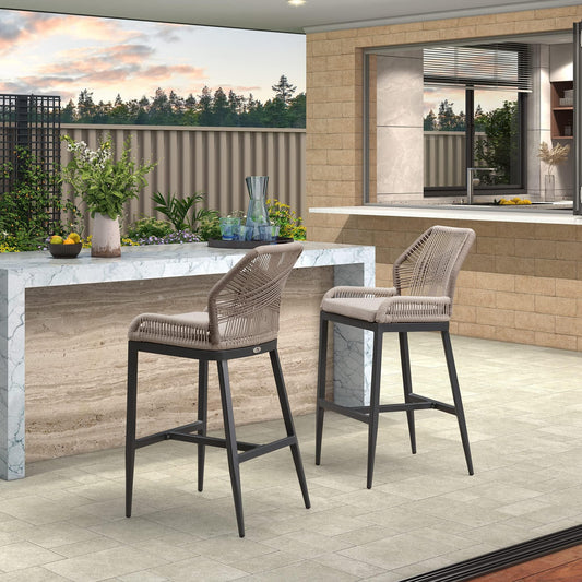 Rattan Barstools Set of 2 Outdoor Chairs with Backrest Dark Grey Classic NEW
