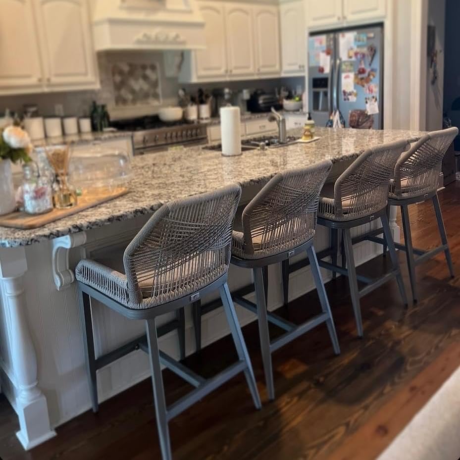 Rattan Barstools Set of 2 Outdoor Chairs with Backrest Dark Grey Classic NEW