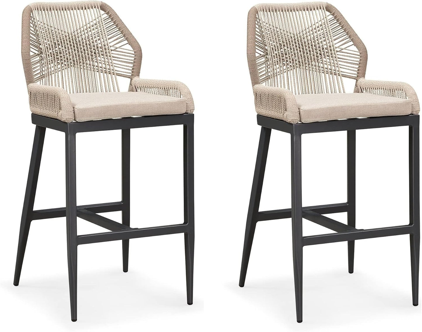 Rattan Barstools Set of 2 Outdoor Chairs with Backrest Dark Grey Classic NEW