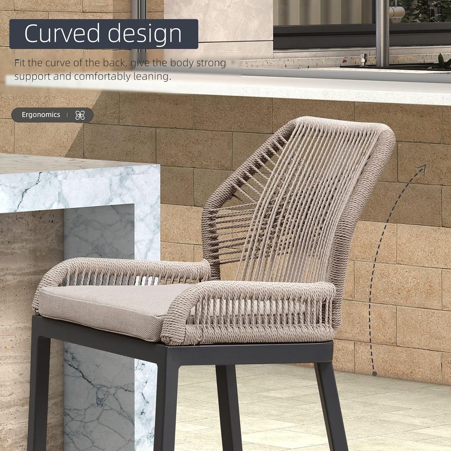 Rattan Barstools Set of 2 Outdoor Chairs with Backrest Dark Grey Classic NEW