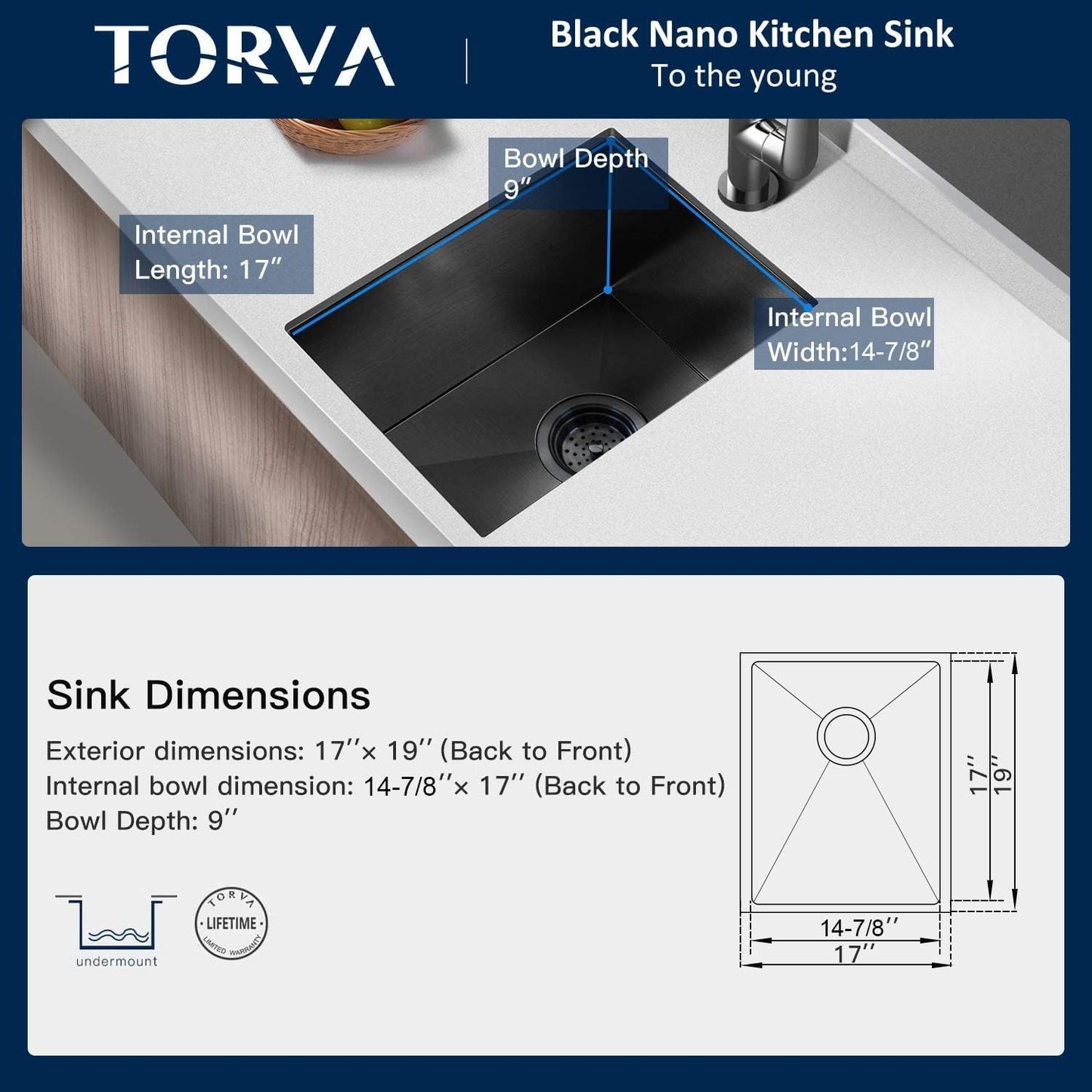 TORVA 44 x 48 23 CM Undermount Stainless Steel Kitchen Sink for Modern DEMO
