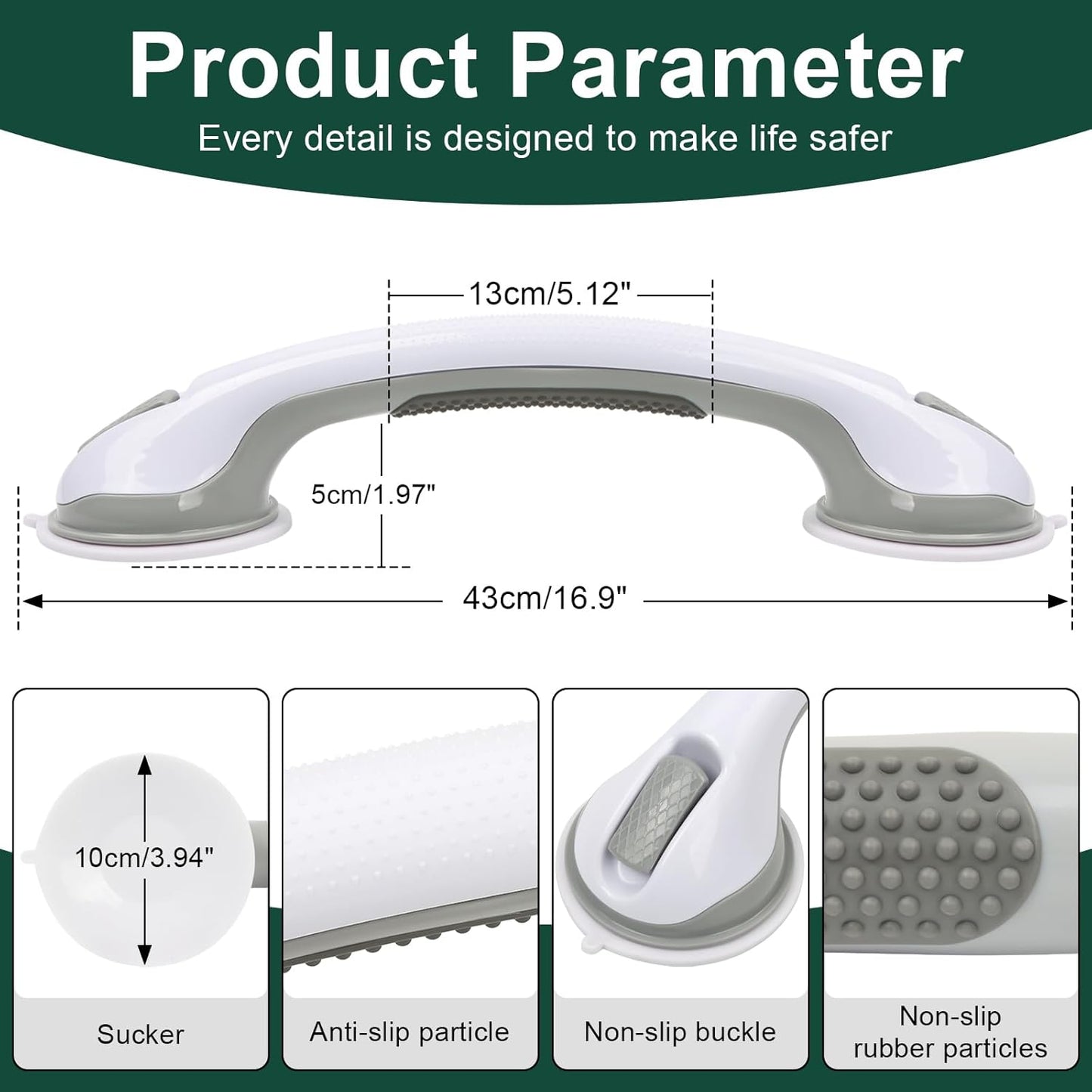 sunzone Heavy Duty Plastic Grab Bars for Shower Safety, Grey DEMO