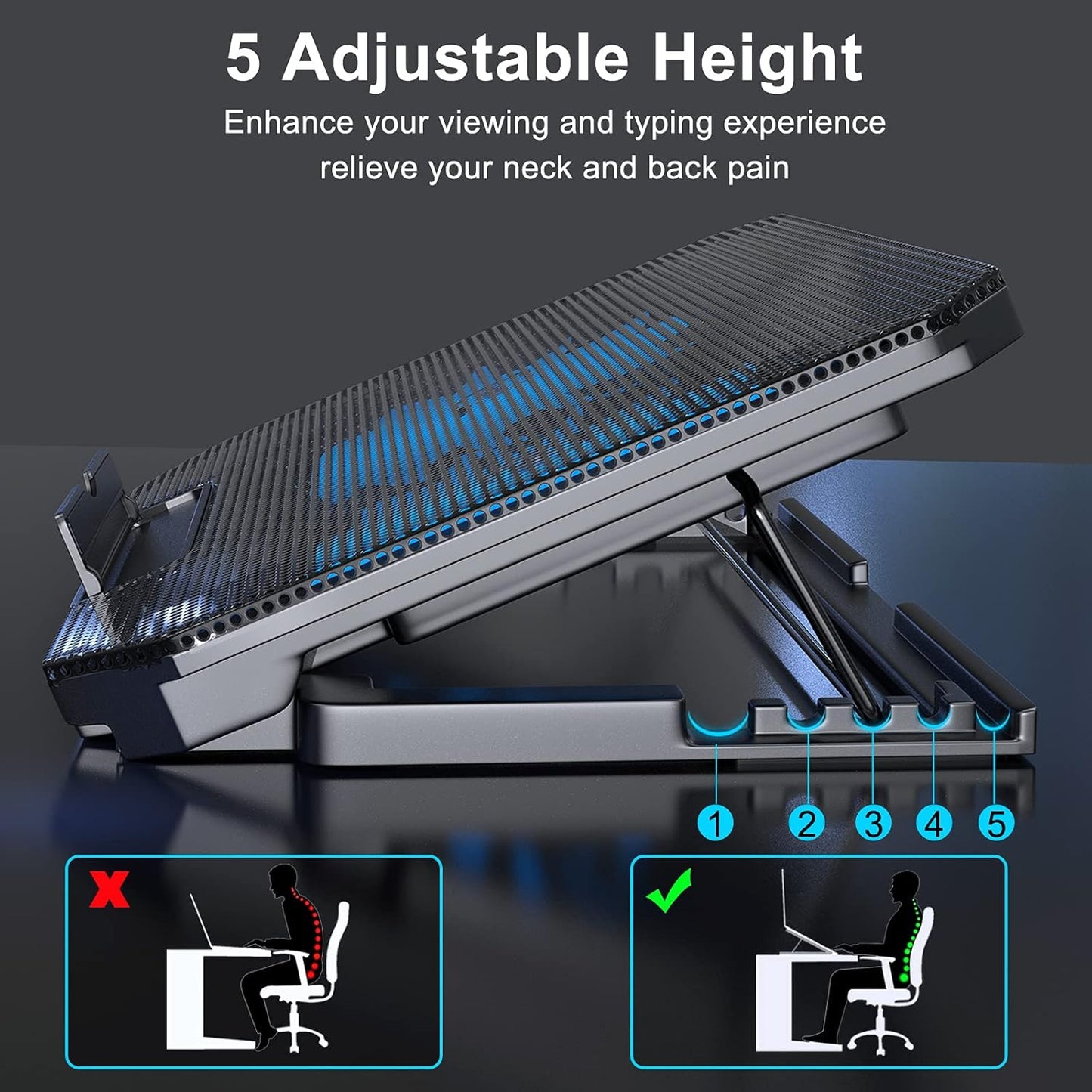 LIENS Adjustable Laptop Cooling Pad with Dual 5.1" Fans, 2 USB Ports, Black DEMO