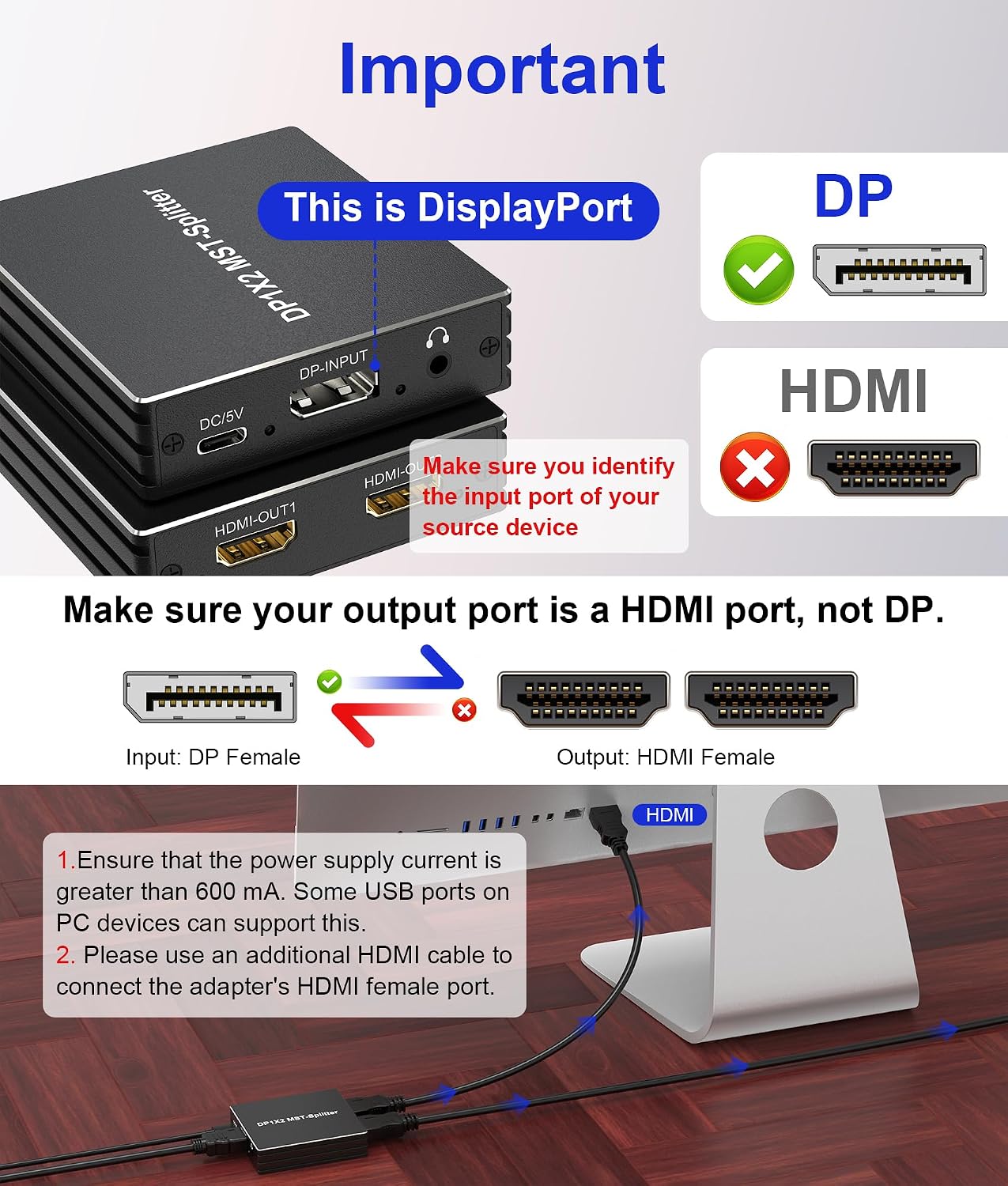 Pubiohs DisplayPort Splitters to Dual HDMI Splitter - Connect 2 Monitors DEMO