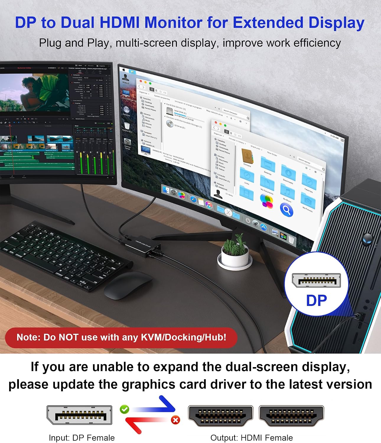 Pubiohs DisplayPort Splitters to Dual HDMI Splitter - Connect 2 Monitors DEMO
